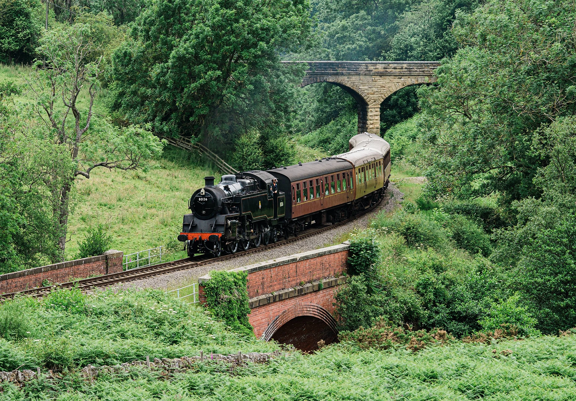 A green steam locomotive pulls vintage carriages through a wooded valley beneath a stone bridge