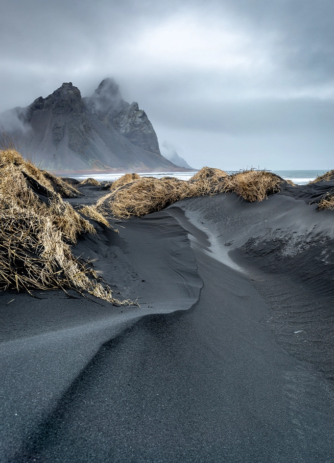 Mist-shrouded jagged peaks rising behind rippled black sand dunes topped with golden grass