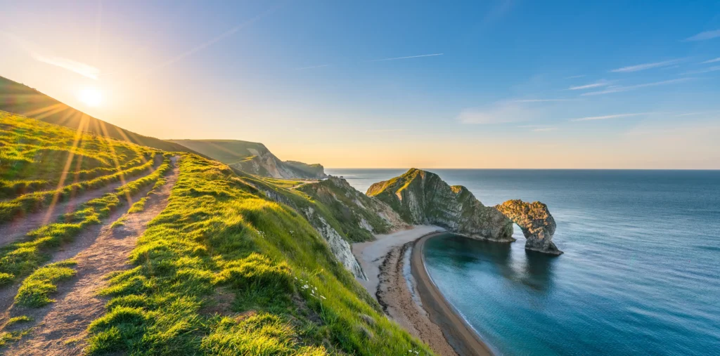 Durdle Door limestone arch and sandy beach on the Jurassic Coast at sunrise with green cliffs, a coastal path, and calm turquoise sea, Dorset, England
