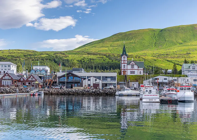 The harbour of Húsavík with fishing boats, colourful waterfront buildings, the distinctive wooden church, and green hillsides rising behind, northern Iceland