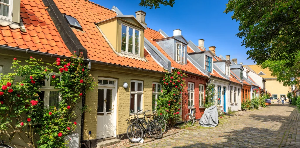 A row of small, brightly colored half-timbered cottages with orange tiled roofs line the cobblestone Møllestien street, their facades covered in climbing red roses, with bicycles parked outside and a tree shading the lane.