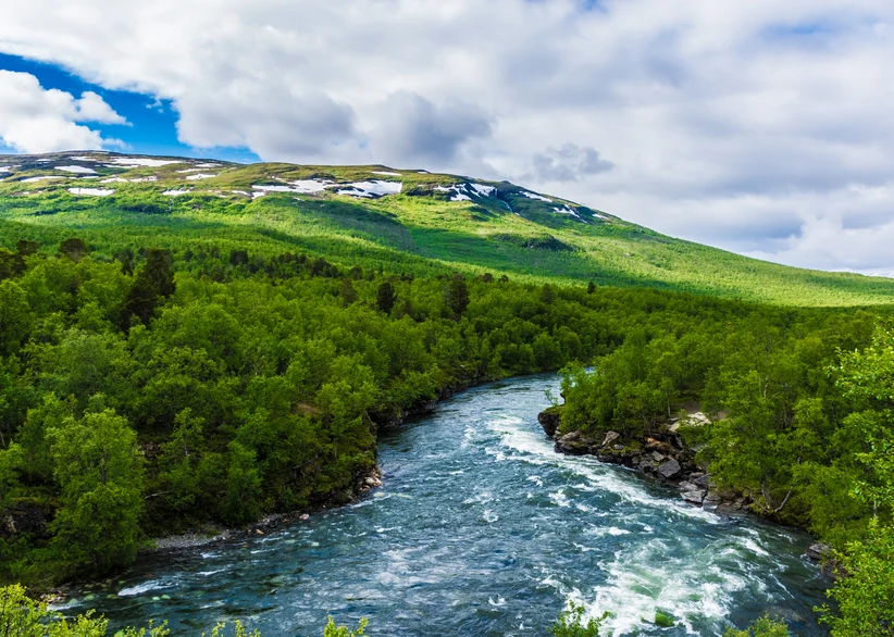 A rushing turquoise river winds between rocky, tree-lined banks below a green, partially snow-patched mountain slope in Abisko National Park under a partly cloudy sky.