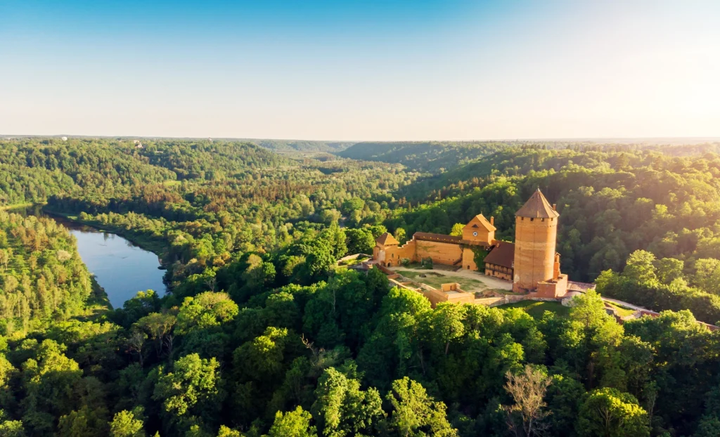 Red-brick medieval castle with round tower rising above dense green forest and river.