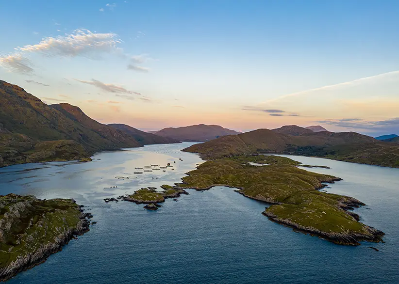 Aerial view of Killary Harbour, Ireland's only fjord, at dusk with fish farm pens on the still water, green rocky islets, and rugged mountains on both shores