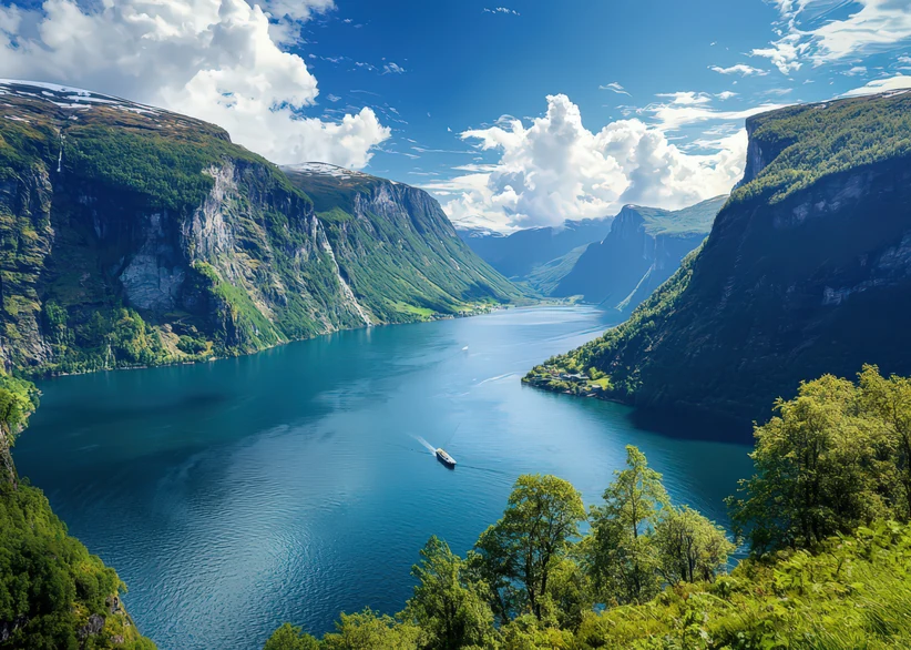 A small ferry crosses the deep blue waters of Sognefjord, flanked by steep, cascading green mountainsides and towering cliffs, beneath a sky filled with billowing white clouds.