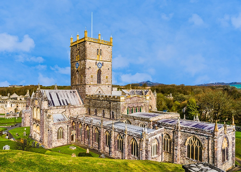 St David's Cathedral in Pembrokeshire, Wales, with its historic bell tower and Gothic stone architecture