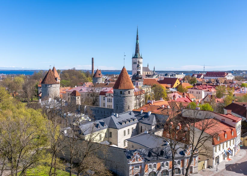 Aerial view of Tallinn's Old Town, with St. Olaf's Church spire and round medieval defense towers rising above red-tiled rooftops, spring-green trees, and the sea visible on the horizon under a clear blue sky.