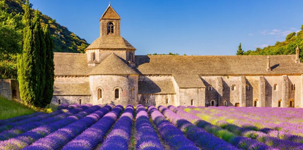 Rows of vivid purple lavender fields stretch before the Romanesque stone abbey of Notre-Dame de Sénanque, its bell tower rising against a backdrop of green hills under a clear blue sky.