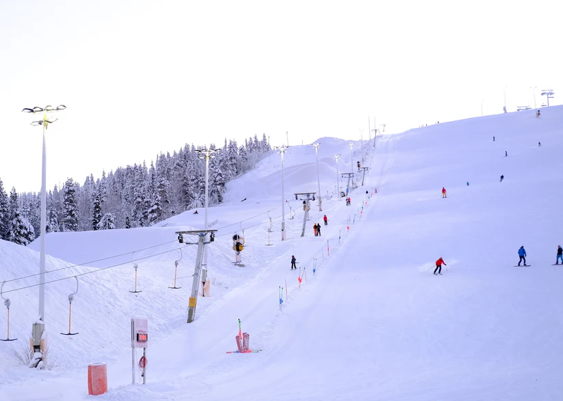 Skiers descend a snow-covered slope lined with lift towers and snow-dusted pine trees at the Levi ski resort under a pale winter sky.