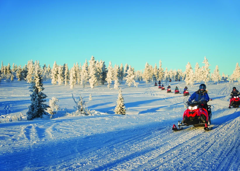 A line of riders on red snowmobiles travels along a snowy trail through frost-covered pine trees under a clear blue winter sky.
